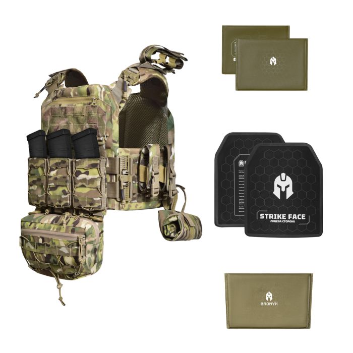 Бронежилет з підсумками 3–го класу MPS warrior pack + Бронеплити + балістичні пакети захист боків та паху 1 клас ДСТУ. Колір Мультикам
